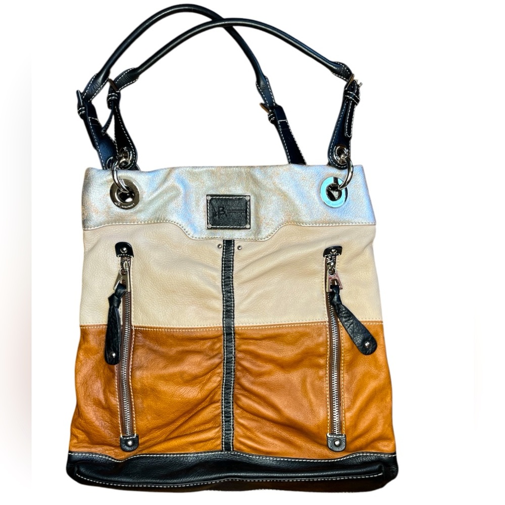B. MAKOWSY satchel shoulder bag multicolor leather silver cream black tan moto